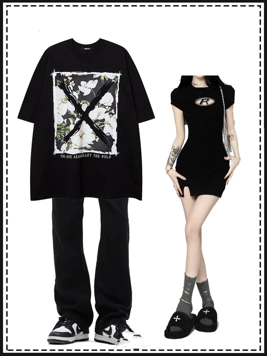 夏アメリカンダークブラックヴィンテージフラワー半袖vintageゆったりハイストリートTシャツ/夏の新作ウエストシェイプ着痩せヒップアップスカートカジュアルインナースカートトレンド番号ZT285