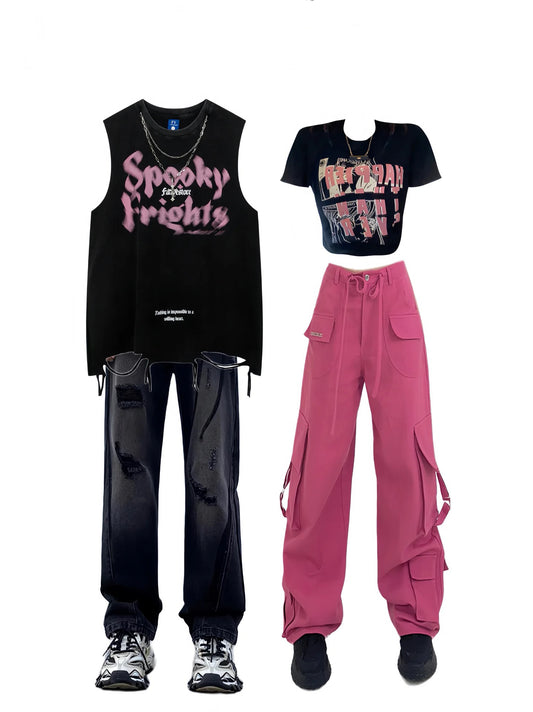 2023夏プリントノーカラーノースリーブTシャツ/サマーアメリカンブラックウォッシュ加工オールドタイプワイドレッグストレートジーンズ番号ZT83