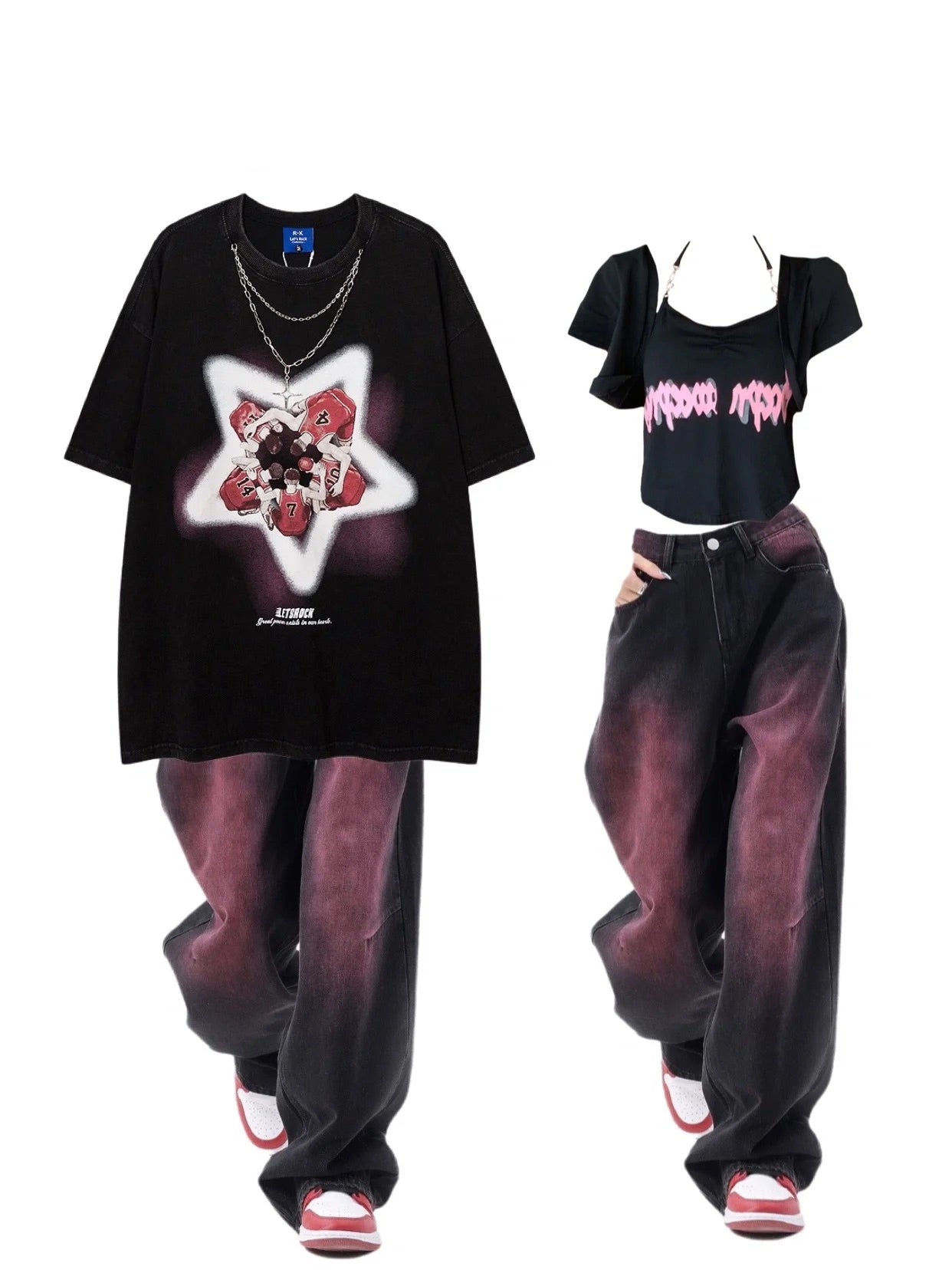 夏レッドスターバスケットボールプリントカップルTシャツ/夏新作ゆったりお腹すっぽりワイドパンツ/2023夏コーディネート自在半袖カーディガン2点セット番号ZT78
