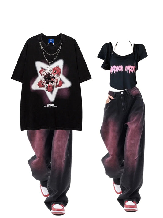 夏レッドスターバスケットボールプリントカップルTシャツ/夏新作ゆったりお腹すっぽりワイドパンツ/2023夏コーディネート自在半袖カーディガン2点セット番号ZT78