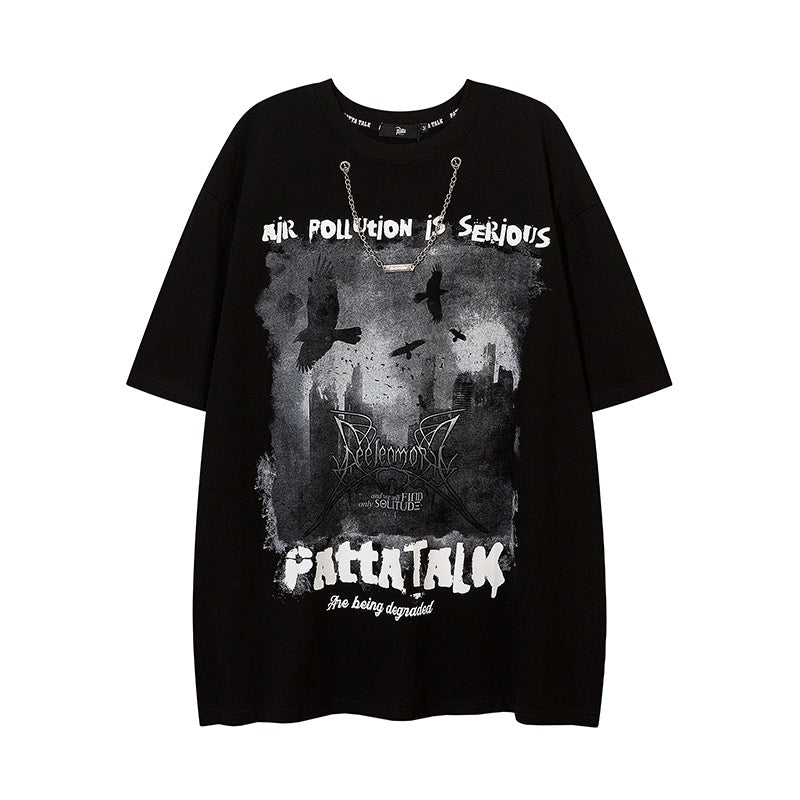 夏アメリカ風ストリートブラックカラスプリント半袖Tシャツbfゆったりoversize個性的な上着/ブラックスタージーンズレディーアメリカンヴィンテージミニパンツハイウエスト着痩せストレートゆったり薄手ワイドパンツ番号ZT462
