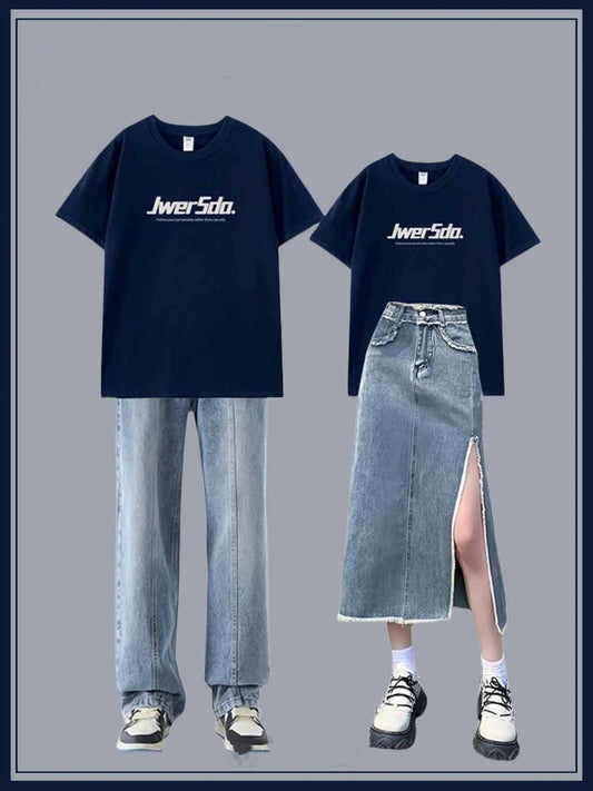 シンプルなアルファベットプリント半袖Tシャツ夏のゆったりカップルコーディネート自在インナーシャツ上着/ハイウエストデニムスカート女2023夏新作デザイン感スリット着痩せヒップアップロングスカート番号ZT383