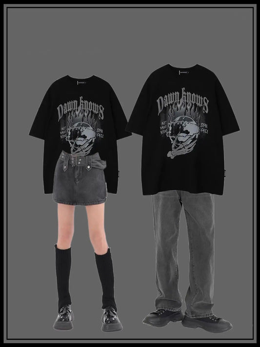 ハイストリートカップル炎純綿半袖Tシャツinsゆったりストリート風アメリカ風上着番号ZT461