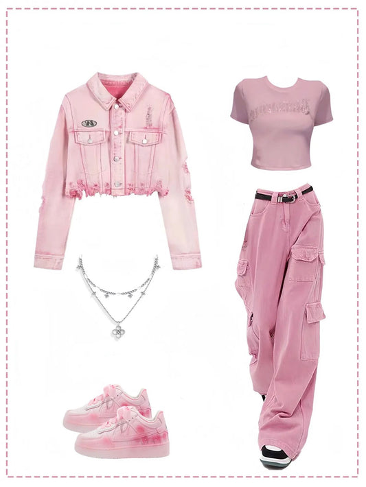 ウォッシュ加工穴あきピンクのデニムショートコート女性秋服ギャル甘めでゆったり着やせ長袖ブルゾンカーディガン/2023新作特注バカ売れタイプアルファベット半袖Tシャツ女夏百コーディネート丸首カジュアル着痩せ上着/アメリカンヴィンテージのマルチポケットカーゴデニムパンツハイストリートhiphopヒップホップでゆったりワイド脚カジュアルパンツ番号ZT496