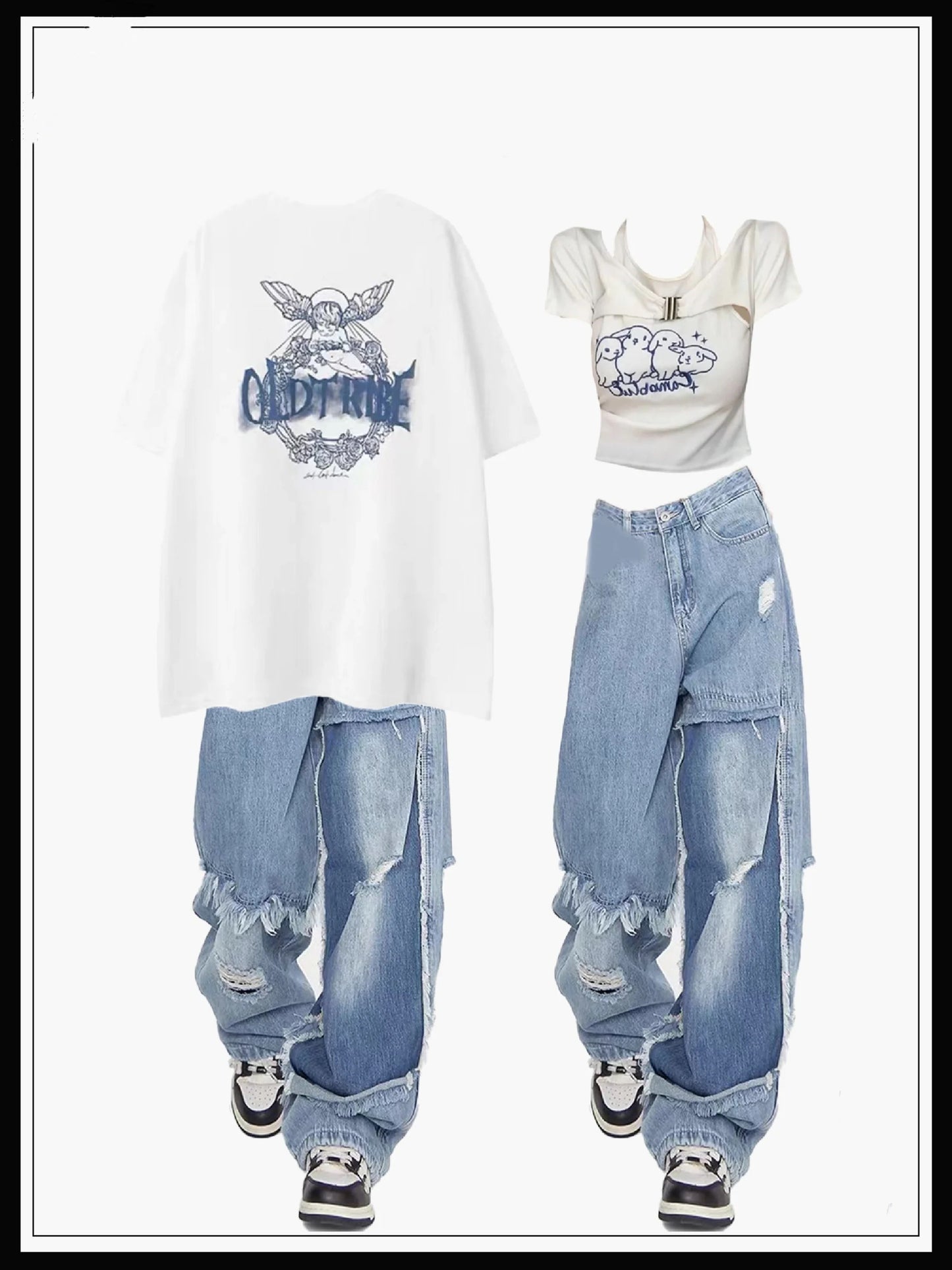 夏アメリカンヴィンテージハイストリートエンジェルプリント半袖Tシャツ/夏薄手アメリカンビンテージ風デザインワイド脚穴あきパンツ番号ZT286