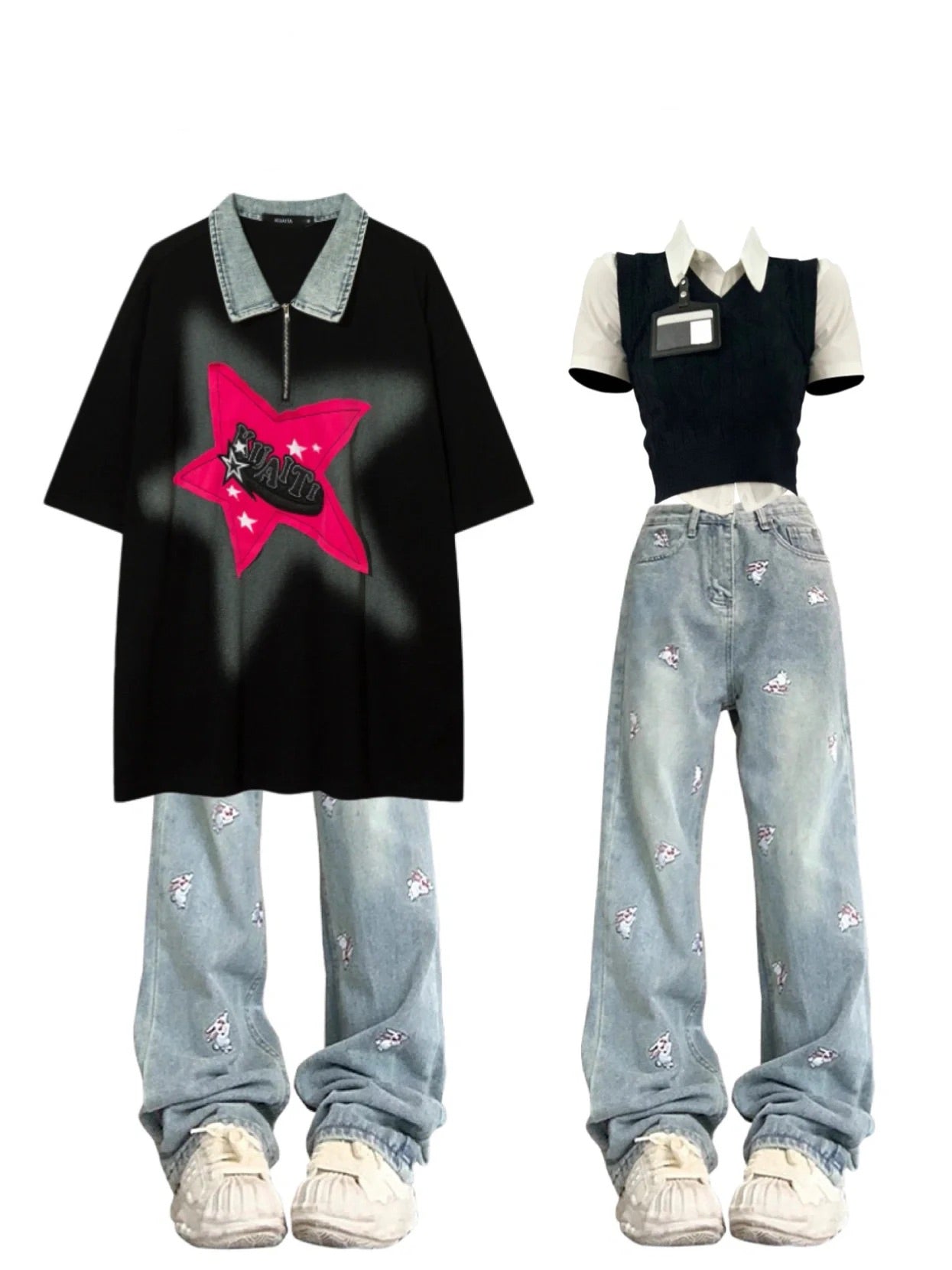 夏トレンド五角星パッチゆったりラペルPOLO半袖Tシャツ/夏Insビンテージ漫画ウサギ刺繍ゆったりジーンズ番号ZT212