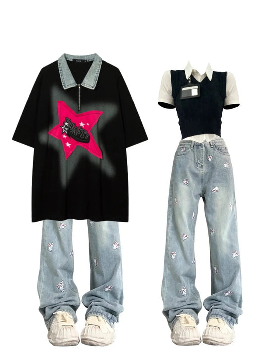 夏トレンド五角星パッチゆったりラペルPOLO半袖Tシャツ/夏Insビンテージ漫画ウサギ刺繍ゆったりジーンズ番号ZT212