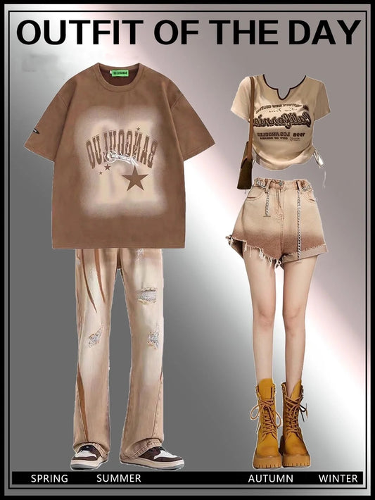2023夏新作アメリカンヴィンテージゆったり半袖Tシャツ/夏アメリカ式ウォッシュ加工古いサイズのワイドレッグストレートジーンズ番号ZT65