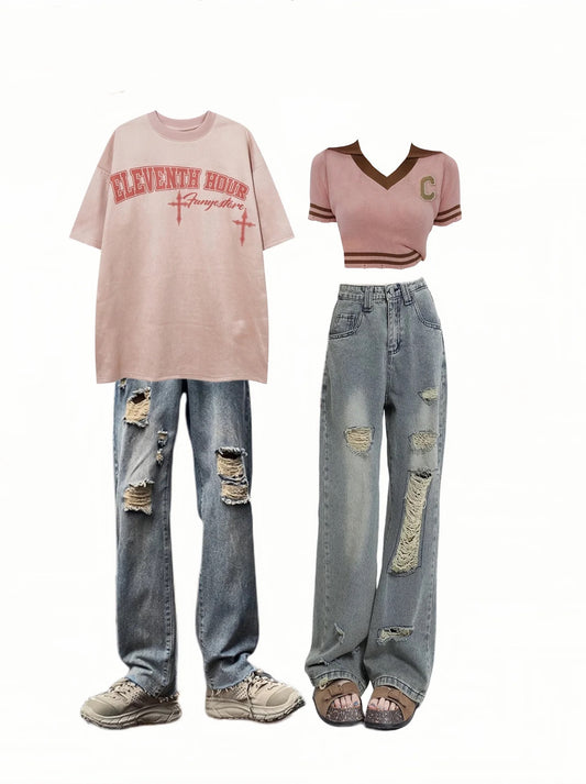 夏アメリカハートプリントペア半袖Tシャツ/夏薄アメリカンヴィンテージストレートジーンズ/夏カレッジ風ショート丈Vネック上着番号ZT85
