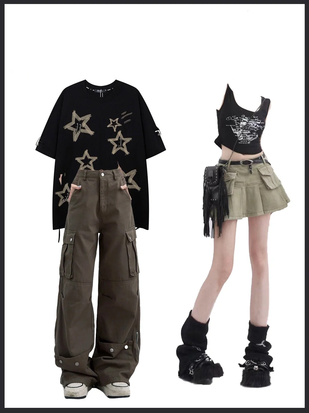 夏の星柄ゆる半袖Tシャツ/アメリカンヴィンテージマルチポケットゆったりカーゴパンツ番号ZT96