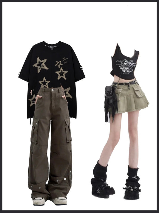 夏の星柄ゆる半袖Tシャツ/アメリカンヴィンテージマルチポケットゆったりカーゴパンツ番号ZT96