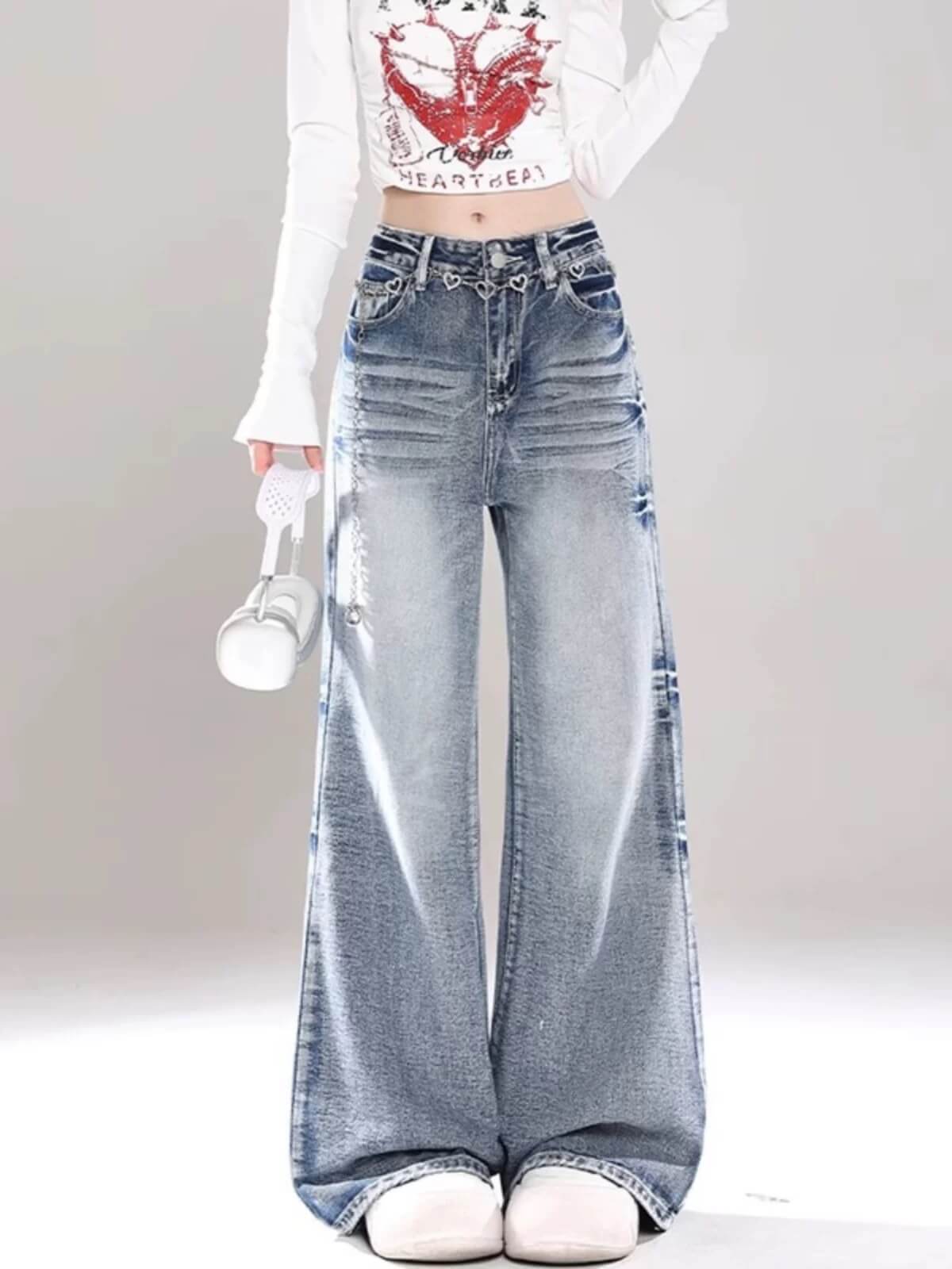 韓国風ハイウエストデニムパンツ レディース ゆったり美脚ヴィンテージワイドパンツ