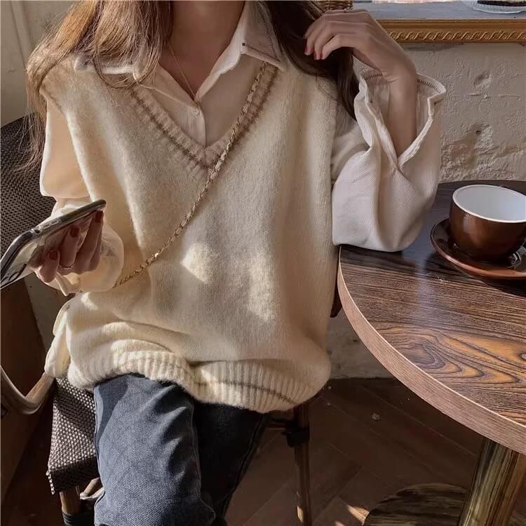 ファッション百搭のゆったりシンプルVネックニットベスト/クラシックシンプルな白いシャツ番号ZT712