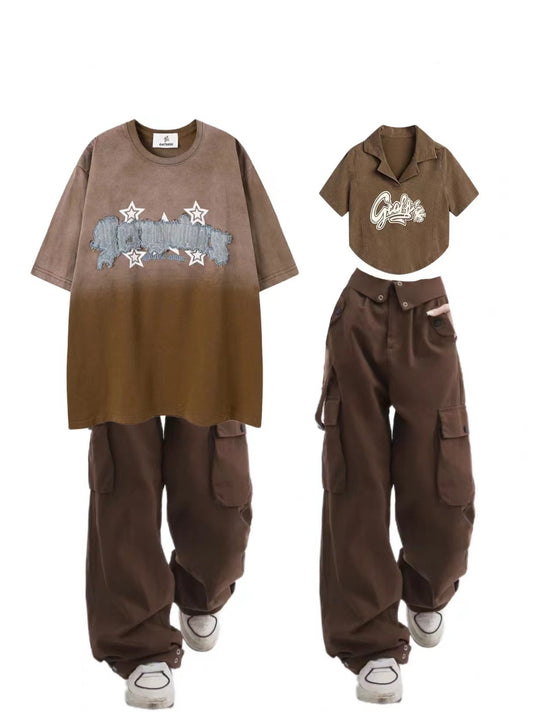 アメリカ風ギャル風ポロネックショートタイプ正肩Tシャツ フラップウエスト頭カーゴパンツ春夏多ポケットストレートパンツ番号ZT80