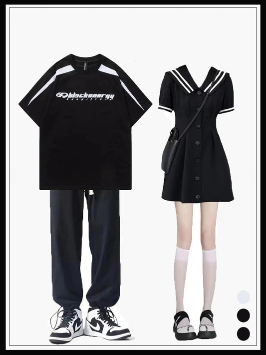 夏アメリカ風ヒップホップカップル半袖Tシャツ/学院風海軍襟ワンピース女性新作夏フレンチウエストシェイプ気品清楚カジュアルa字黒スカート番号ZT249
