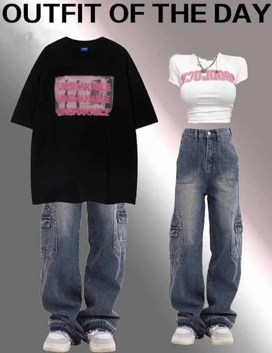 ストリートヒップホップグラフィティプリント半袖Tシャツ 新作ビンテージハイウエストジーンズゆったりストレートハイウエストカーゴパンツ/ 夏ギャル風ショート丈トップス番号ZT67