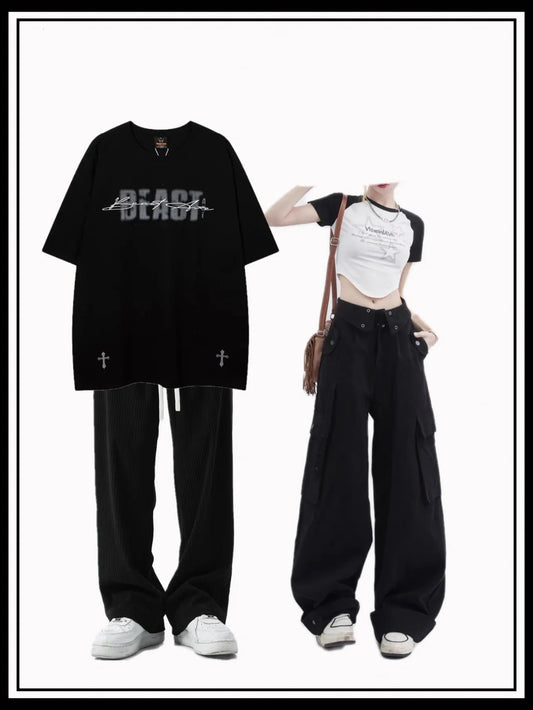 2023夏アメリカントレンドアルファベットプリントゆったり半袖Tシャツ/夏韓国風トレンドコーディネート自在スリムショートタイプ上着/2023夏新作デザイン感覚アメリカンストリートワークパンツゆったりストレートカジュアルロングパンツ番号ZT248