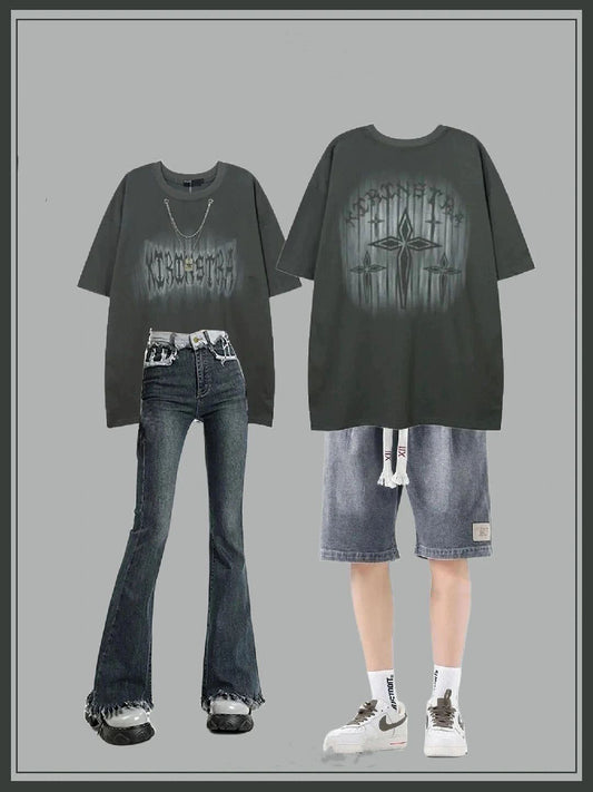 2023復古半袖Tシャツゴシック梵母落書き純綿夏トレンドカップル/2023レトロマイクロフレアパンツレディースデザインハイウエストスリムパンツ番号ZT398