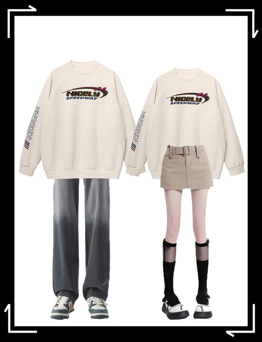 アメリカ復古ファッションブランドの刺繍oversizeラウンドネックパーカー女性春秋2023新作高級感のあるホワイト上着番号ZT587