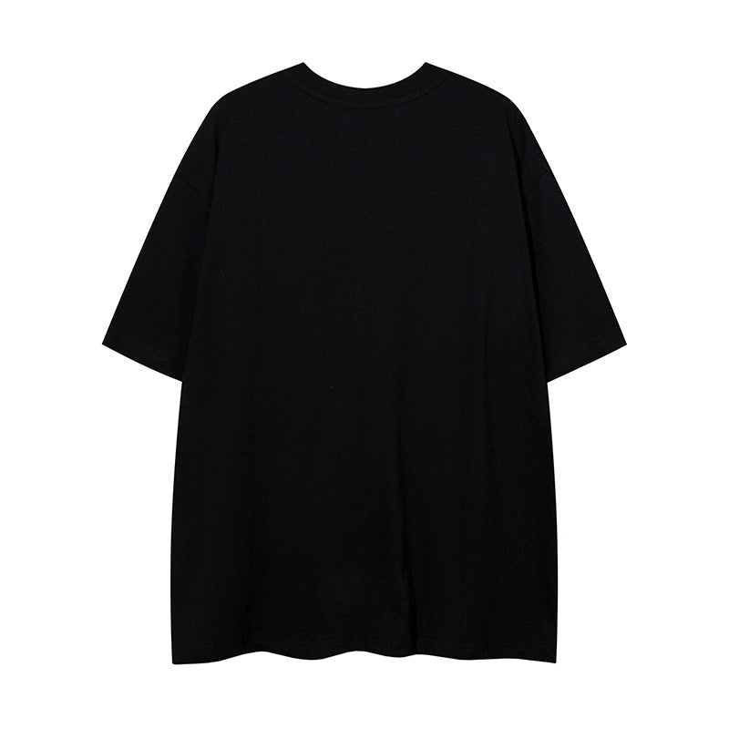 已添加ゴシックトレンドGoth ダークブラック抽象アービー風ネックレスデザイン感半袖カップルTシャツゆったりストリート半袖/アメリカンヴィンテージの小さいVネックプリント色落ち半袖女性夏痩せ型上着番号ZT272