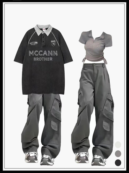 アメリカンクラシックスポーツカジュアル古いTシャツファッションブランドゆったりしたハイストリートpolo襟半袖夏ins/アメリカンクラシックストラップPOLOネックダイヤ半袖夏ギャル正肩痩せ上着番号ZT270
