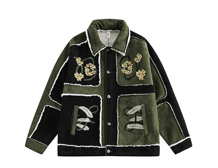 花刺繍コントラストカラー切替綿入れ服男冬厚手高級感スエード羊ウールコート番号ZT656