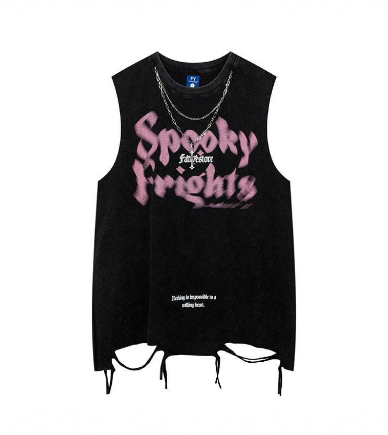 2023夏プリントノーカラーノースリーブTシャツ/サマーアメリカンブラックウォッシュ加工オールドタイプワイドレッグストレートジーンズ番号ZT83