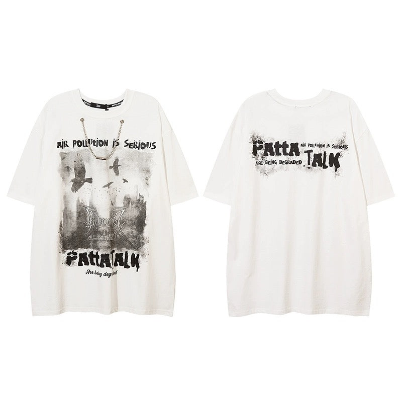 夏アメリカ風ストリートブラックカラスプリント半袖Tシャツbfゆったりoversize個性的な上着/ブラックスタージーンズレディーアメリカンヴィンテージミニパンツハイウエスト着痩せストレートゆったり薄手ワイドパンツ番号ZT462