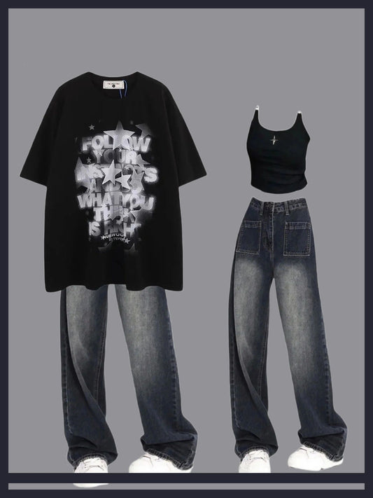 2023星柄プリントアメリカンヴィンテージ半袖oversizeカップル半袖Tシャツ夏/夏ブラックキャミソールタンクトップ女性セクシースリムショートタイプタイトなインナー甘ギャル風/2023年新作着痩せハイウエストワイドレッグパンツ番号ZT349