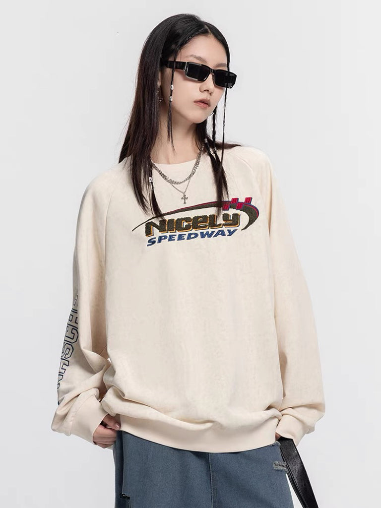 アメリカ復古ファッションブランドの刺繍oversizeラウンドネックパーカー女性春秋2023新作高級感のあるホワイト上着番号ZT587