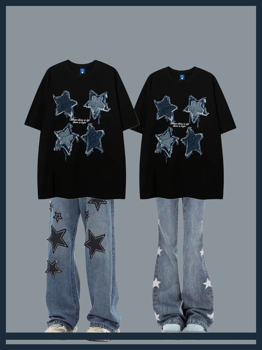 アメリカ風トレンドブランドパッチ五角星半袖Tシャツ男女ゆったりデザインカップル半袖/番号ZT585