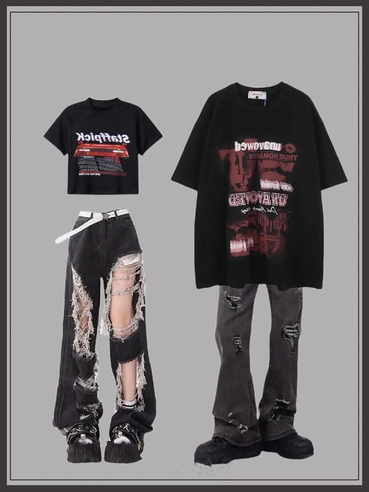 hiphopヒップホップなギャル風肩立て半袖Tシャツ夏の新作アメリカ風レトロなショートタイプおへそを露出して着痩せする上着/2023欧米ハイストリート半袖Tシャツ復古ダーク系oversizeゆったり半袖上着番号ZT400