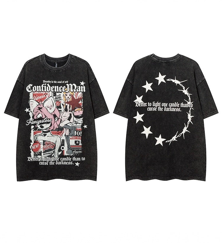 漫画アニメレトロ懐かしいウォッシュプリント半袖Tシャツカップルカジュアルゆったりins半袖シャツ/肩甲半袖Tシャツ女性夏デザイン若いオシャレ年齢を減らすギャルショートタイプ香港風上着番号ZT435