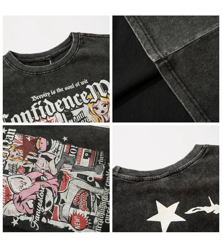 漫画アニメレトロ懐かしいウォッシュプリント半袖Tシャツカップルカジュアルゆったりins半袖シャツ/肩甲半袖Tシャツ女性夏デザイン若いオシャレ年齢を減らすギャルショートタイプ香港風上着番号ZT435
