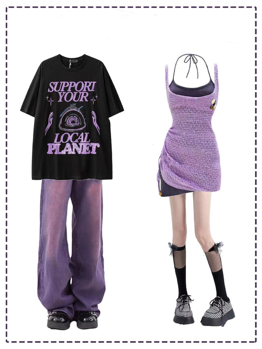 夏の新作パープル英語プリント女性カップル半袖Tシャツ/キャミソールワンピース女夏純情ヒップアップスカート番号ZT268