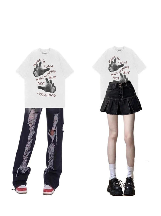 2023オリジナル復古手描きプリント半袖Tシャツ女性夏新作アメリカ式ラウンドネックゆったり上着/アメリカンヴィンテージジーンズ女性夏ウォッシュ加工グラデーション穴あきハイウエストストレートパンツゆったりとした痩せワイドパンツ番号ZT397