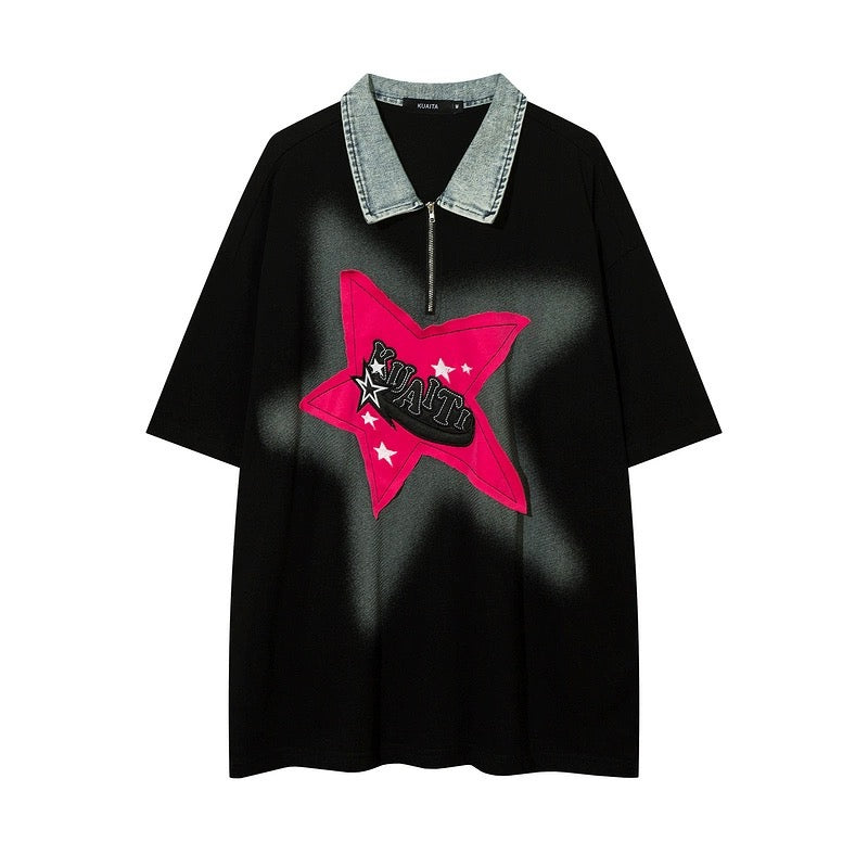 夏トレンド五角星パッチゆったりラペルPOLO半袖Tシャツ/夏Insビンテージ漫画ウサギ刺繍ゆったりジーンズ番号ZT212
