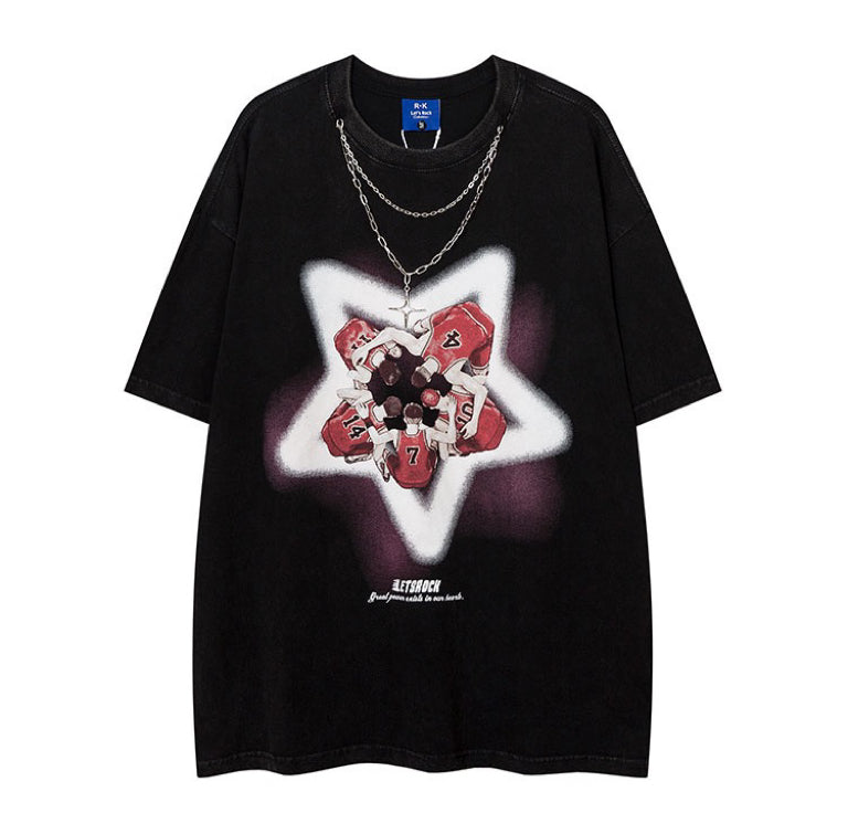 夏レッドスターバスケットボールプリントカップルTシャツ/夏新作ゆったりお腹すっぽりワイドパンツ/2023夏コーディネート自在半袖カーディガン2点セット番号ZT78