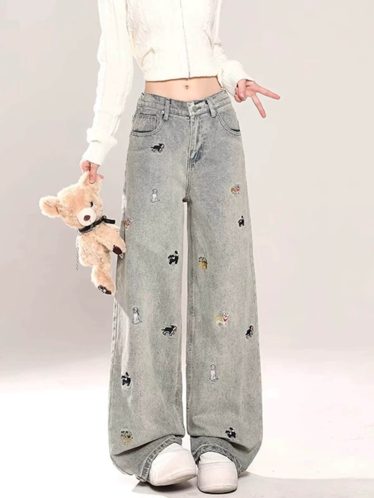 韓国風ハイウエストワイドレッグデニムパンツ レディース ヴィンテージルーズ刺繍ストレートパンツ 個性トレンドカジュアルパンツ