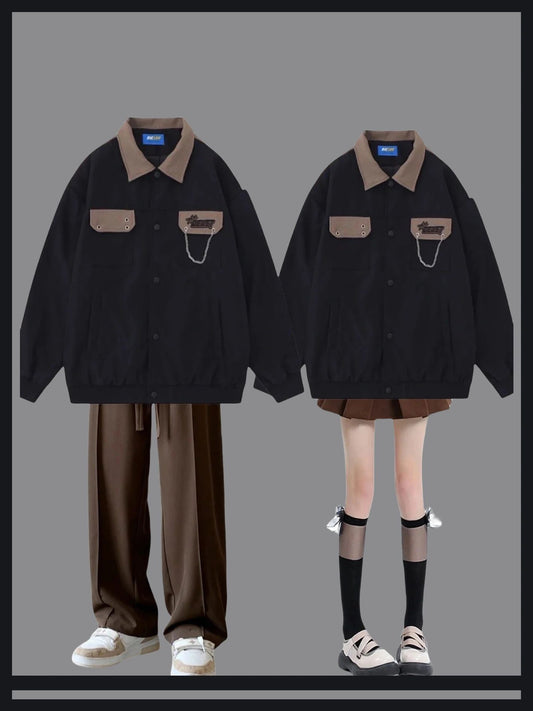 ヴィンテージカレッジ風ポケット飾りoversizeコートカップル秋アメリカンストリートパイジャケット番号ZT605
