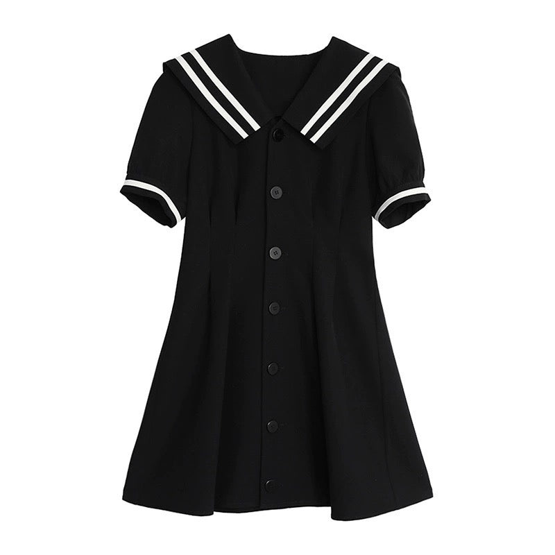 夏アメリカ風ヒップホップカップル半袖Tシャツ/学院風海軍襟ワンピース女性新作夏フレンチウエストシェイプ気品清楚カジュアルa字黒スカート番号ZT249