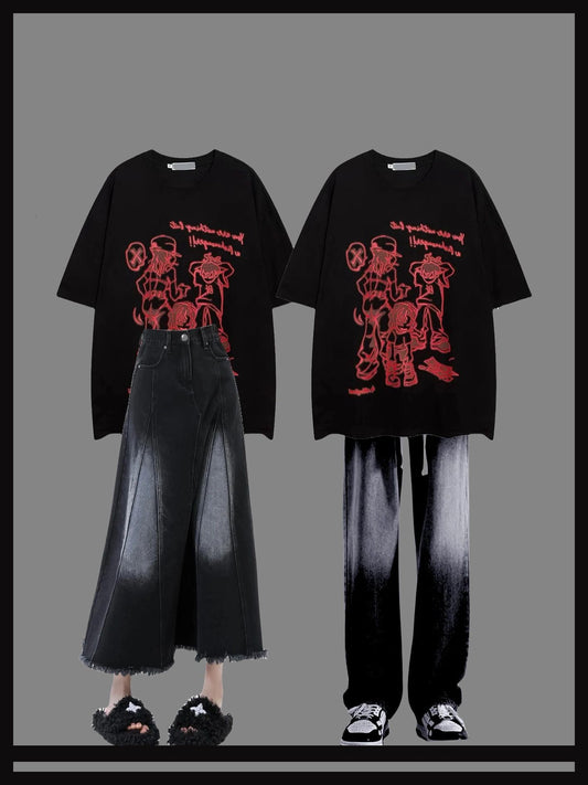 アメリカンストリートhiphop半袖プリント丸首Tシャツ2023夏新作半袖/ハイウエストデニムスカート女性春夏2023新作ミディアムロングタイプブラックスカートドレープA字スカート番号ZT359