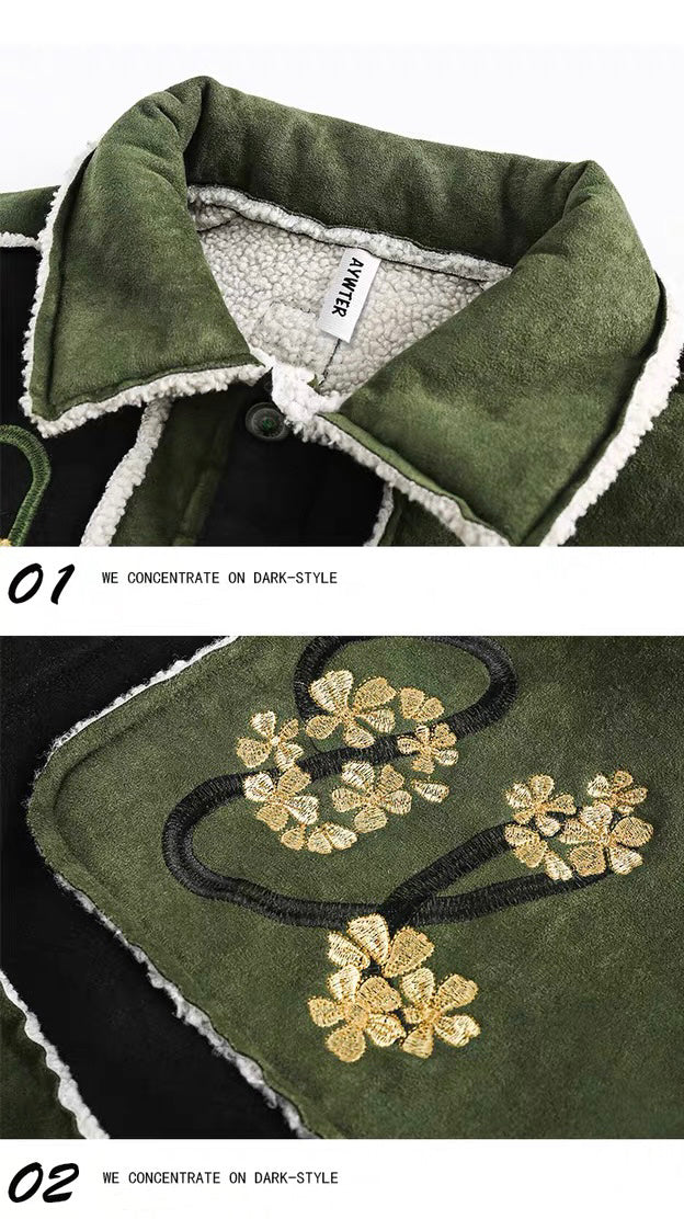 花刺繍コントラストカラー切替綿入れ服男冬厚手高級感スエード羊ウールコート番号ZT656