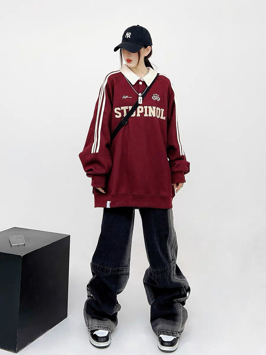 トレンドレトロスポーツシリーズボール服ポロシャツ2023新作ゆったりとした刺繍アルファベット長袖カップルトレンド/アメリカ風フェイクレッドニットTシャツレディース秋夏ショートタイプスリム着痩せデザイン小衆上着番号ZT590