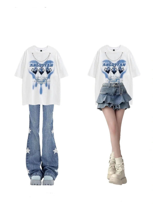 プリント半袖ネックレスアメリカンファッションoversizeカップルゆったりTシャツ純綿/夏着痩せジーンズ女性アメリカ風ビンテージ風ギャルスタープリントデザイン小粋フレアースリムパンツ番号ZT396