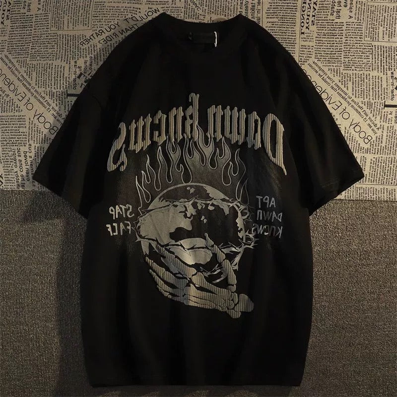 ハイストリートカップル炎純綿半袖Tシャツinsゆったりストリート風アメリカ風上着番号ZT461