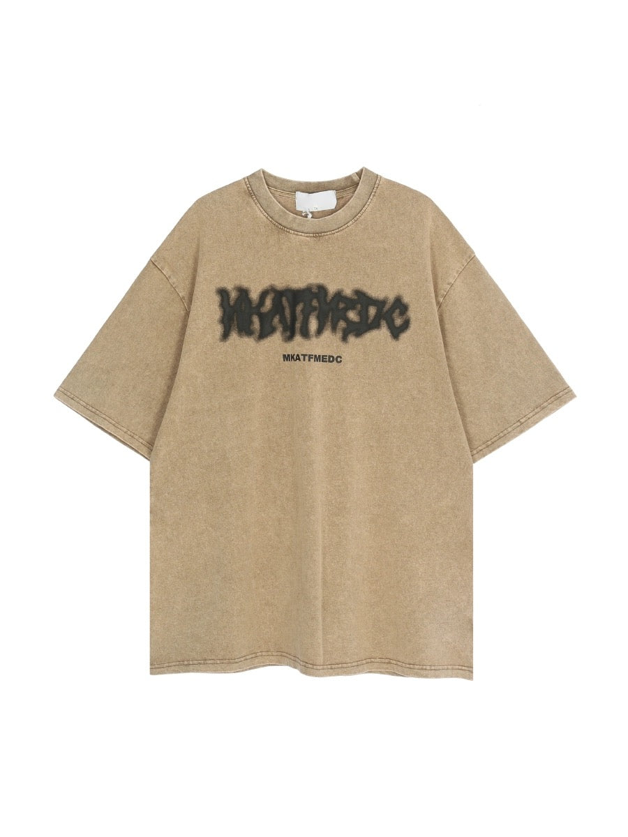 夏ハイストリートグラフィティプリントゆったりペア半袖Tシャツ/アメリカ風ギャルデザイン感覚ボタン針ショートタイプ上着スリムハイストリート/ビンテージウォッシュ加工ダークブルージーンズ女夏サイズスリッパワイドパンツ番号ZT273
