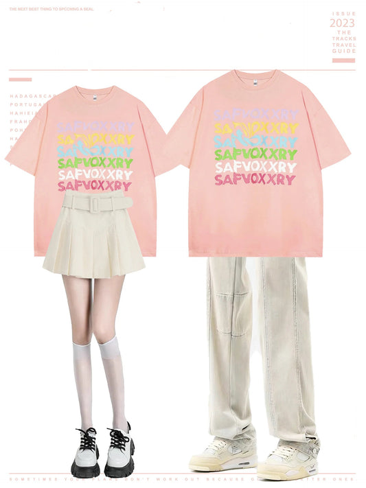 アメリカンストリートグラフィティアルファベットプリントコーディネート自在半袖Tシャツ/2023ホワイトコーデュロイハーフスカート女性活力プリーツスカート/欧米ハイストリートのマイクロスリムデニムロングパンツ番号ZT52