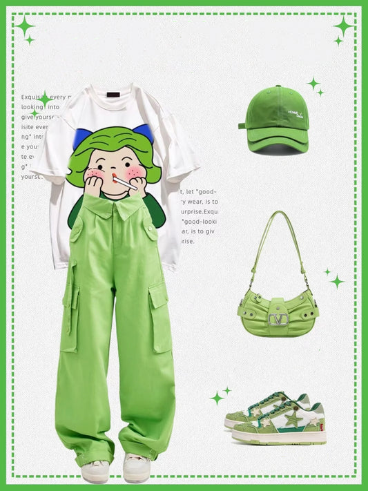 夏ゆったりコーディネート自在可愛い漫画プリント半袖Tシャツ/夏新作アメリカンカーゴパンツストレートカジュアルパンツ番号ZT55