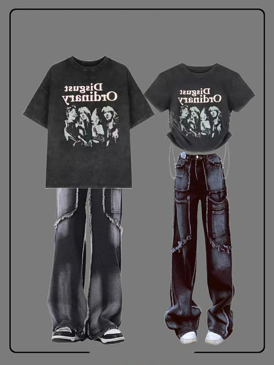 2023夏復古カップル半袖Tシャツショートタイプ/2023夏クラシックカップル半袖Tシャツロングタイプ/2023夏ビンテージゆったりワイドレッグジーンズ番号ZT71